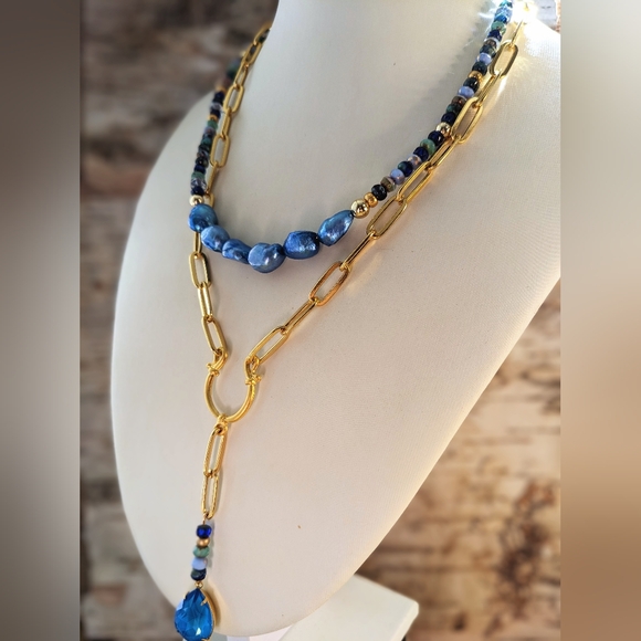 Blue Glass Czech Beads & Crystal Pendant In Two Strand Paperclip Necklace - Picture 2 of 10